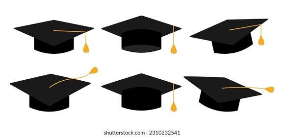 Graduation square hat set. Education cap collection. Vector illustration isolated on white.