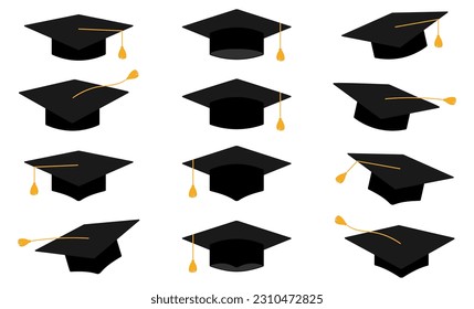 Juego de sombrero cuadrado de graduación. Colección de límites de educación. Ilustración vectorial aislada en blanco.