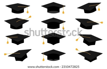 Graduation square hat set. Education cap collection. Vector illustration isolated on white.