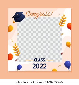 Graduation square social media template with empty space for student photo. Vector layout greeting design with cap, golden branches and balloons.