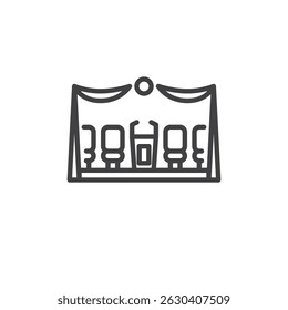 ícone de linha Graduation Stage. sinal de estilo linear para conceito móvel e web design. Palco com decorações e cadeiras ícone de vetor de contorno. Símbolo da plataforma da cerimônia, ilustração do logotipo. Gráficos vetoriais