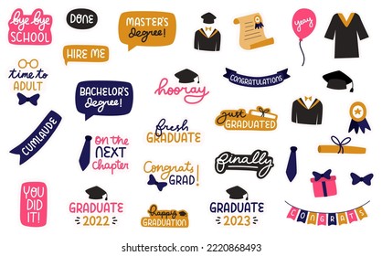 Graduation sticker design. Photo booth props for graduation party. Set of graduation labels.