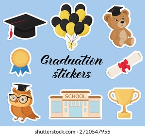 Graduation stickers featuring school elements academic hat diploma owl balloons trophy and medal for festive decoration