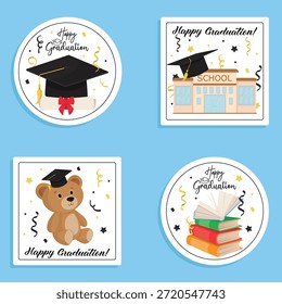 Adesivos de graduação com elementos escolares, incluindo livros de chapéu acadêmicos confete diploma e brinquedo de urso em um divertido vibrante