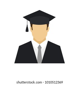 Graduation student avatar icon. Profession logo. Male character. A man in graduate cap and mantle. People specialists. Flat simple vector illustration.