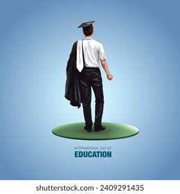 Graduation student backside represent International day of education. 3d illustration.