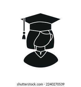 Graduation student in cap and gown. Graduating girl silhouette.  Graduating student avatar. Monochrome vector icon isolated on white background.