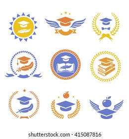 Graduation student cap sign labels. Education symbol. 
