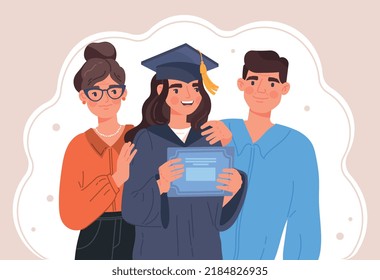 Graduation student concept. Girl in cap with diploma next to her father and mother. Young specialist graduated from university. Education and learning, training. Cartoon flat vector illustration