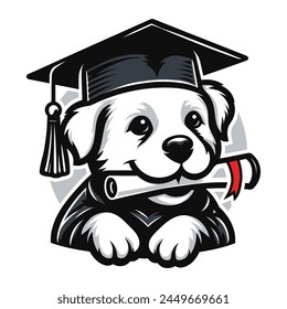 graduation student dog with a diploma scroll illustration, mascot logo
