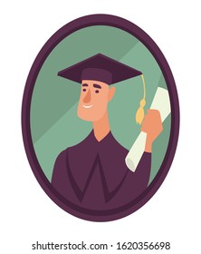 Graduation Student Isolated Icon, Guy In Academic Hat And Mantle Photo Vector. Boy With Diploma In Frame, Male Character Photography, Family Member Portrait. Memories, Education And Degree Receiving