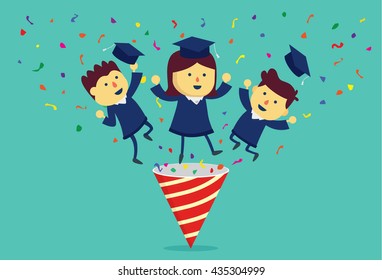 Graduation student and ribbon exploding out of party popper.