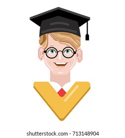 Graduation student and scholar happy. Student happy at graduation ceremony. Student in mortar board, red tie and vintage glasses isolated. Vector flat style