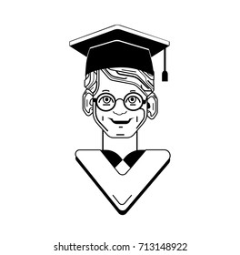 Graduation student and scholar happy. Student happy at graduation ceremony. Student in mortar board, red tie and vintage glasses isolated. Vector flat style. Black graphic lines 