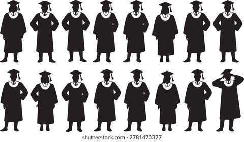 Graduation Student Silhouette Set with Academic Caps and Gowns