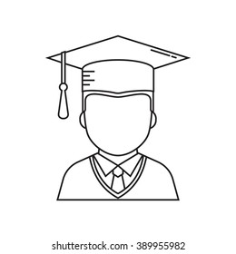 Graduation student vector line art icon isolated on white background. Graduate man monochrome linear pictogram in graduation cap and gown. Graduating guy thin line silhouette.