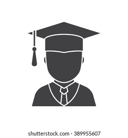 Graduation Student Vector Outline Icon Isolated On White Background. Graduate Man Monochrome Shape Pictogram In Graduation Cap And Gown. Graduating Guy Silhouette.