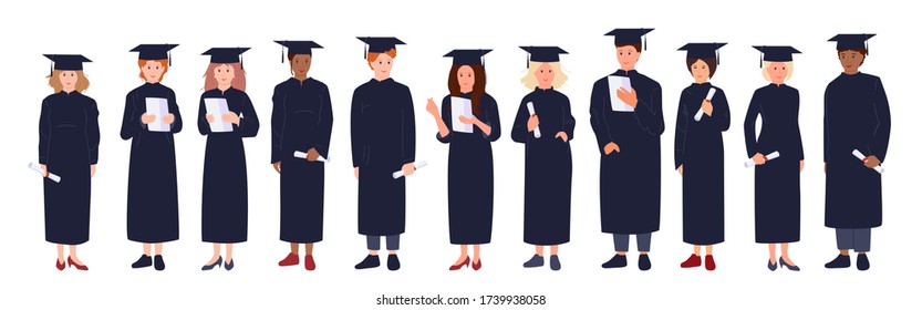 Graduation students cartoon set. Group man, woman, people in academic cap and gown. Concept of education. Different nations representatives with diploma in hand. Isolated vector illustration