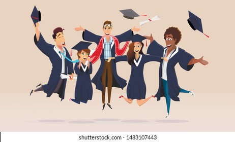 Graduation Students Celebration Flat Cartoon Vector Illustration. Diverse University People Jumping and Tossing their Caps in Air. Celebrating Graduation Day. Cheerful Boys and Girls.