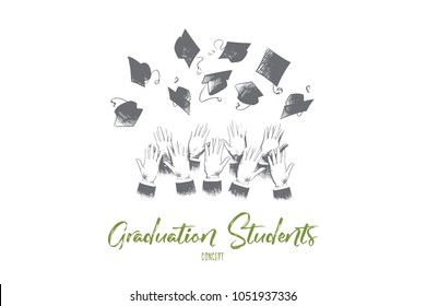 Graduation students concept. Hand drawn hands of students throwing graduation hats in air. Graduation and education concept isolated vector illustration.