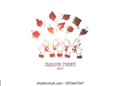 Graduation students concept. Hand drawn hands of students throwing graduation hats in air. Graduation and education concept isolated vector illustration.