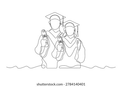 Graduation Students Continuous One Line Drawing Academic Achievement and Diploma Celebration Vector Illustration Minimal Linear Style Isolated on White Background