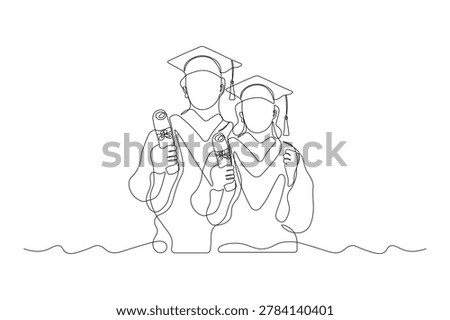 Graduation Students Continuous One Line Drawing Academic Achievement and Diploma Celebration Vector Illustration Minimal Linear Style Isolated on White Background