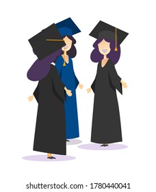 Graduation students group in gown and academic hats talking or university female pupils in uniforms celebrating vector flat cartoon characters illustration clipart