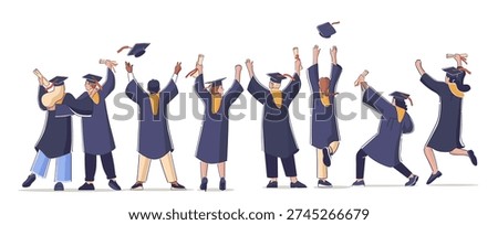 Graduation students throw cap and hold diploma with joyful motion and dynamic pose. Academic robe, success milestone, university crowd scene. Vector illustration