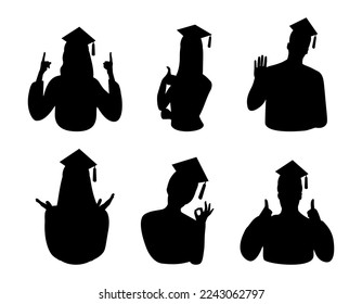 Graduation students. Vector simple silhouette shadow shape, flat black icon set isolated on white backround. Education concept, logo design element.