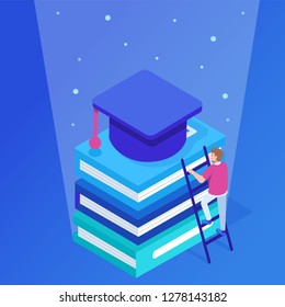 Graduation and success concept. Can use for web banner, infographics, hero images. Flat isometric vector illustration isolated on white background.