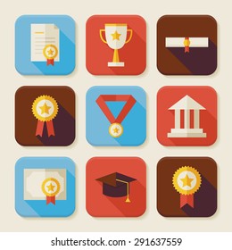 Graduation And Success Squared App Icons Set. Flat Style Vector Illustrations. Diploma And Certificate. Collection Of Square Rectangular Shape Application Colorful Icons With Long Shadow 