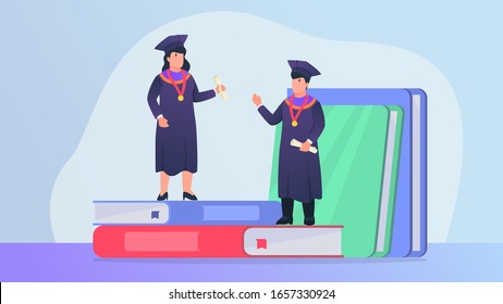 graduation for successful college student with books as education source with modern flat style