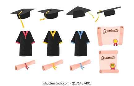 Graduation supplies clipart set. Graduation cap clipart. Graduation gown, diploma and diploma scroll watercolor style vector illustration isolated on white background. Graduation diploma cartoon draw