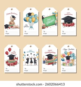 Graduation tag with message and illustrations featuring academic hat, books, diploma, balloons, and writing desk for celebration and achievements