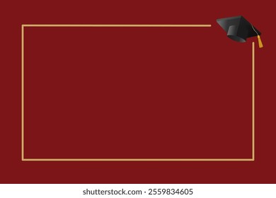 Graduation Template with Red Background, Gold Frame, and Graduation Cap Illustration