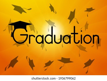 Graduation, throwed square academic caps or mortarboard on background of sunrise. Vector illustration