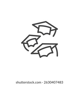 Graduation Throwing Caps line icon. linear style sign for mobile concept and web design. Group of caps flying outline vector icon. Symbol, logo illustration. Vector graphics