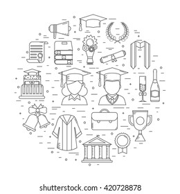 Graduation time concept circle shape with line art icons. Graduate man and woman and education party elements in outline design. Graduational award party linear pictograms in round contour.