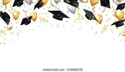 Graduation. Transparent background with realistic flying black degree caps confetti balloons and diplomas. Vector image school and university education banner with gold glitter on white background