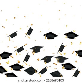 Graduation. Transparent background with realistic flying black degree caps confetti balloons and diplomas. Vector image school and university education banner with gold glitter on white background 