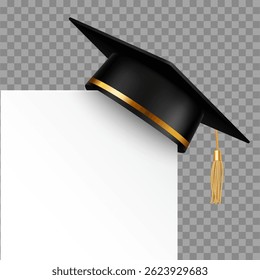 Graduation University cap on transparent corner background. Black 3d ceremony hat with paper banner. Vector education student symbols,