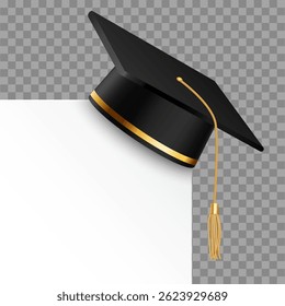 Graduation University cap on transparent corner background. Black 3d ceremony hat with paper banner. Vector education student symbols,