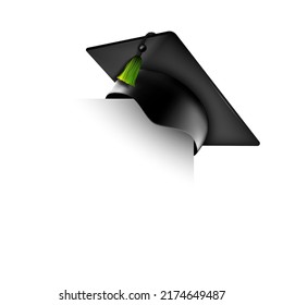 Graduation university or college black cap 3d realistic vector illustration isolated on white background. Element for degree ceremony and educational programs design.