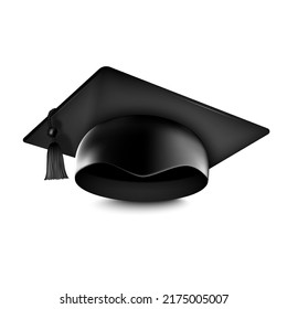 Graduation university or college black cap 3d realistic vector illustration isolated on white background. Element for degree ceremony and educational programs design.
