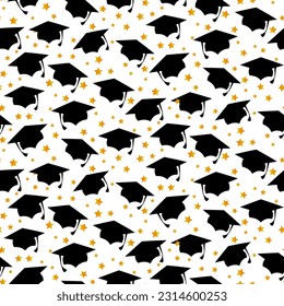 Graduation university or college black cap, seamless pattern vector background for wallpaper, wrapping paper, banner, backdrop. ceremony, university.
