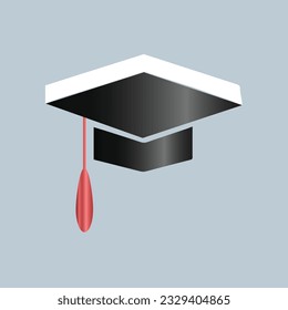 Graduation university or college black cap with Red Tassel isolated on white background. Graduate college, high school, Academic, or university cap. Hat for degree ceremony. vector illustration.