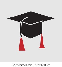 Graduation university or college black cap with Red Tassel isolated on white background. Graduate college, high school, Academic, or university cap. Hat for degree ceremony. vector illustration.
