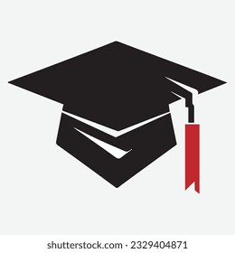 Graduation university or college black cap with Red Tassel isolated on white background. Graduate college, high school, Academic, or university cap. Hat for degree ceremony. vector illustration.