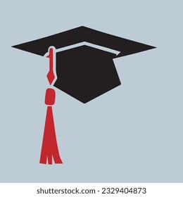 Graduation university or college black cap with Red Tassel isolated on white background. Graduate college, high school, Academic, or university cap. Hat for degree ceremony. vector illustration.